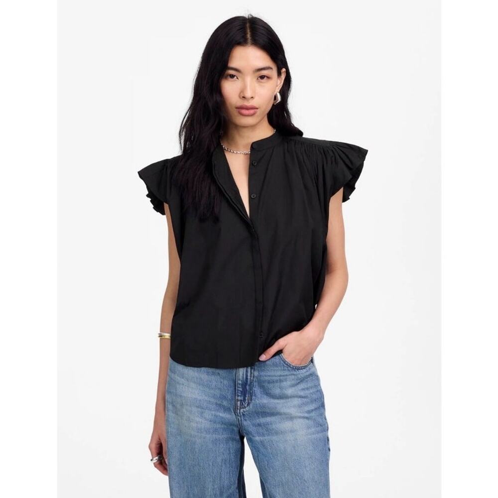 Madewell Shirt WMNS XXS Black Solid Shirred Ruffle Cotton Poplin Modern Romantic